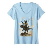 Womens Japanese Calligraphy Cat Rides Dinosaur with Haiku V-Neck T-Shirt