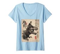 Womens Japanese Calligraphy Cat Rides Dinosaur with Haiku V-Neck T-Shirt
