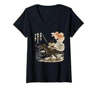 Womens Japanese Calligraphy Cat Rides Dinosaur with Haiku V-Neck T-Shirt