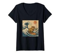 Womens Japanese Capybara Surfing Great Wave Cute Anime Japan Art V-Neck T-Shirt