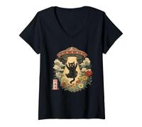 Women's Japanese Cat Alien UFO Abduction Vintage Graphic V-Neck T-Shirt