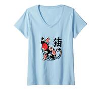 Womens Japanese Cat Neko Kanji with Traditional Tattoo Art Sakura V-Neck T-Shirt