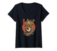 Women's Japanese Cat Playing Guitar V-Neck T-Shirt