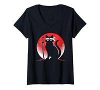 Women's Japanese Cats Lovers Retro Cool Fighting Ninja Cat Fighter V-Neck T-Shirt