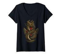 Womens Japanese Chinese Retro Style Art Mythology Asian Dragon V-Neck T-Shirt