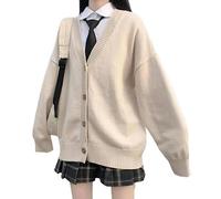 Women's Japanese College Style Loose V-Neck Knitted Cardigan Female JK Jacket Japanese School Uniform Beige