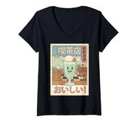 Women's Japanese Cream Soda Kissaten Showa Retro Cafe Illustration V-Neck T-Shirt