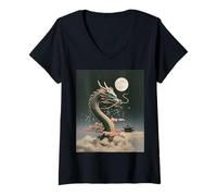 Womens Japanese Dragon Sakura Blossom Full Moon Fantasy Art Travel V-Neck T-Shirt