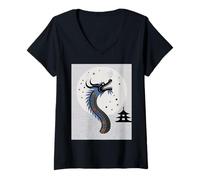 Womens Japanese Dragon Sakura Blossom Full Moon Fantasy Art Travel V-Neck T-Shirt