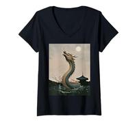 Womens Japanese Dragon Sakura Blossom Full Moon Fantasy Art Travel V-Neck T-Shirt