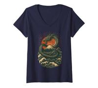 Womens Japanese Dragon Wave Volcano Sun Mythical Power V-Neck T-Shirt