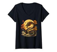 Women's Japanese Dragon with Autumn Trees and Waves V-Neck T-Shirt