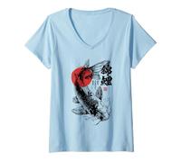 Womens Japanese Flag Koi Fish Haiku Ukyio-e Sumi-e Japan Graphic V-Neck T-Shirt
