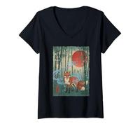 Womens Japanese Fox Spirit Bamboo Forest Sunset Art V-Neck T-Shirt