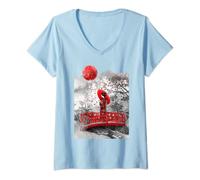 Womens japanese Geisha with umbrella in front of a temple V-Neck T-Shirt