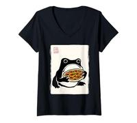 Women's Japanese Grumpy Sumi-e Pizza Lover Kawaii Funny Pizza V-Neck T-Shirt