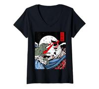 Women's Japanese Kaiju Monster vs Laser Cat Eye Great Wave Red Sun V-Neck T-Shirt