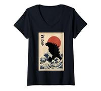 Women's Japanese Kaiju Wave Sun Japan Monster V-Neck T-Shirt