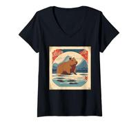 Womens Japanese Kawaii Capybara Swimming Cute Japan Flower Anime V-Neck T-Shirt