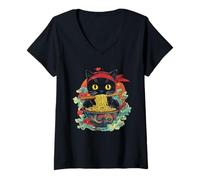 Womens Japanese Kawaii Ramen Cat Eating Noodles Kitty Cat Mom & Dad V-Neck T-Shirt