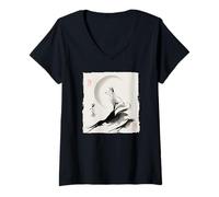 Womens Japanese Kitsune Fox and Moon Vintage Zen Spiritual Gift V-Neck T-Shirt