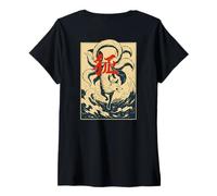 Womens Japanese Kitsune Nine-Tailed Fox Yokai Spirit Wave Art Back V-Neck T-Shirt