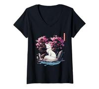 Womens Japanese Kitsune Yokai White Fox Ghost Ukiyo E Sakura V-Neck T-Shirt