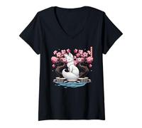 Womens Japanese Kitsune Yokai White Fox Ghost Ukiyo E Sakura V-Neck T-Shirt