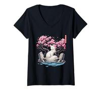 Womens Japanese Kitsune Yokai White Fox Ghost Ukiyo E Sakura V-Neck T-Shirt
