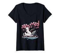 Womens Japanese Kitsune Yokai White Fox Ghost Ukiyo E Sakura V-Neck T-Shirt