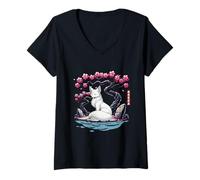Womens Japanese Kitsune Yokai White Fox Ghost Ukiyo E Sakura V-Neck T-Shirt