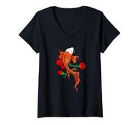 Womens Japanese Koi Fish with Roses - Tattoo Style Design Graphic V-Neck T-Shirt