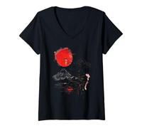 Womens Japanese Logo Japanese Art Sunset Bonsai Tree Mount Fuji V-Neck T-Shirt