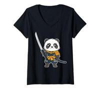 Womens Japanese Ninja Art and Japan Samurai Panda Bear V-Neck T-Shirt