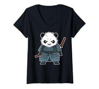 Womens Japanese Ninja Art and Japan Samurai Panda Bear V-Neck T-Shirt