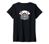 Womens Japanese Oni Mask Bold Demon Art Street Style V-Neck T-Shirt