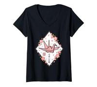 Womens Japanese Origami Crane - Kawaii Orizuru - Cherry Blossoms V-Neck T-Shirt