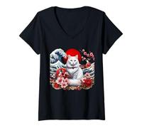 Women's Japanese Red Sun Cute White Cat Cherry Blossom Japan Wave V-Neck T-Shirt