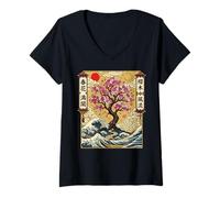 Women's Japanese Sakura Cherry Blossom Great Wave Art Ukiyo-e V-Neck T-Shirt
