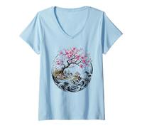 Women's Japanese Sakura Garden The Great Wave Cherry Blossom V-Neck T-Shirt