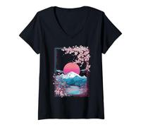 Women's Japanese Sakura Mount Fuji Sunset Retro Landscape V-Neck T-Shirt