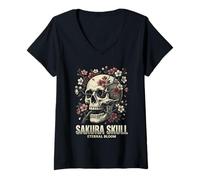 Women's Japanese Sakura Skull Floral Eternal Bloom Cherry Blossom V-Neck T-Shirt