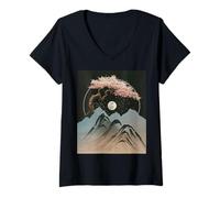 Womens Japanese Sakura Tree Blossom Moon Mountain Night Art Travel V-Neck T-Shirt