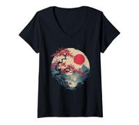 Women's Japanese Sakura Tree Pagoda Sunset Vintage Landscape V-Neck T-Shirt