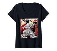 Women's Japanese Samurai Black Warrior African American Afro Anime V-Neck T-Shirt