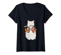 Women's Japanese Samurai Cat Katana Japanese Irezumi Tattoo Art V-Neck T-Shirt