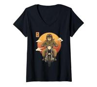 Women's Japanese Samurai Cat on Motorcycle Kawaii Ninja Cat Biker V-Neck T-Shirt