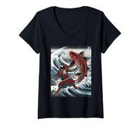 Womens Japanese Samurai Fighting Giant Carp Fish Traditional Art V-Neck T-Shirt