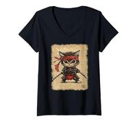 Womens Japanese Samurai Kitten Kawaii Ninja Cat V-Neck T-Shirt