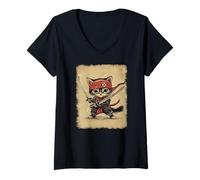 Womens Japanese Samurai Kitten Kawaii Ninja Cat V-Neck T-Shirt